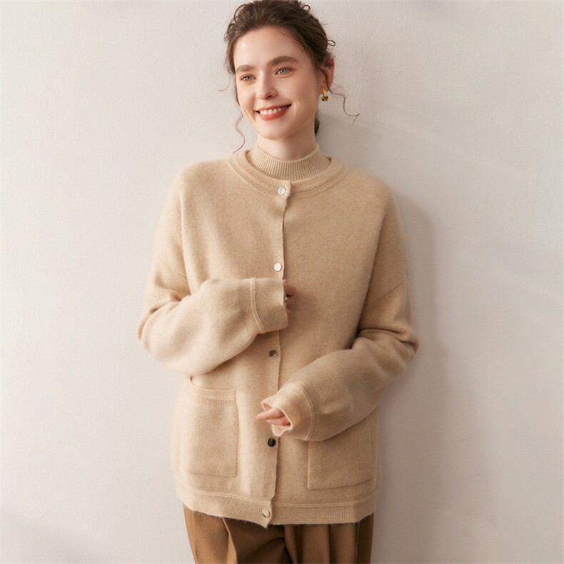 慵懒风宽松山羊绒衫女加厚外套纯色针织开衫长袖带兜圆领羊毛上衣,女装羊绒衫,朵沐纯羊绒