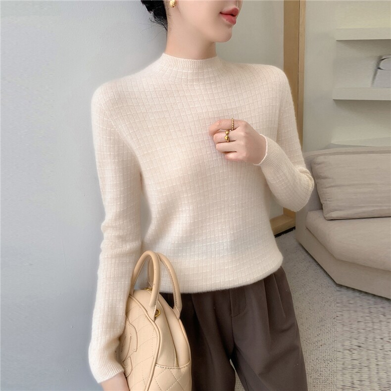 简约百搭修身羊绒衫2025秋冬女半高领纯色毛衣羊毛针织打底衫白色,女装羊绒衫,牧群羊绒