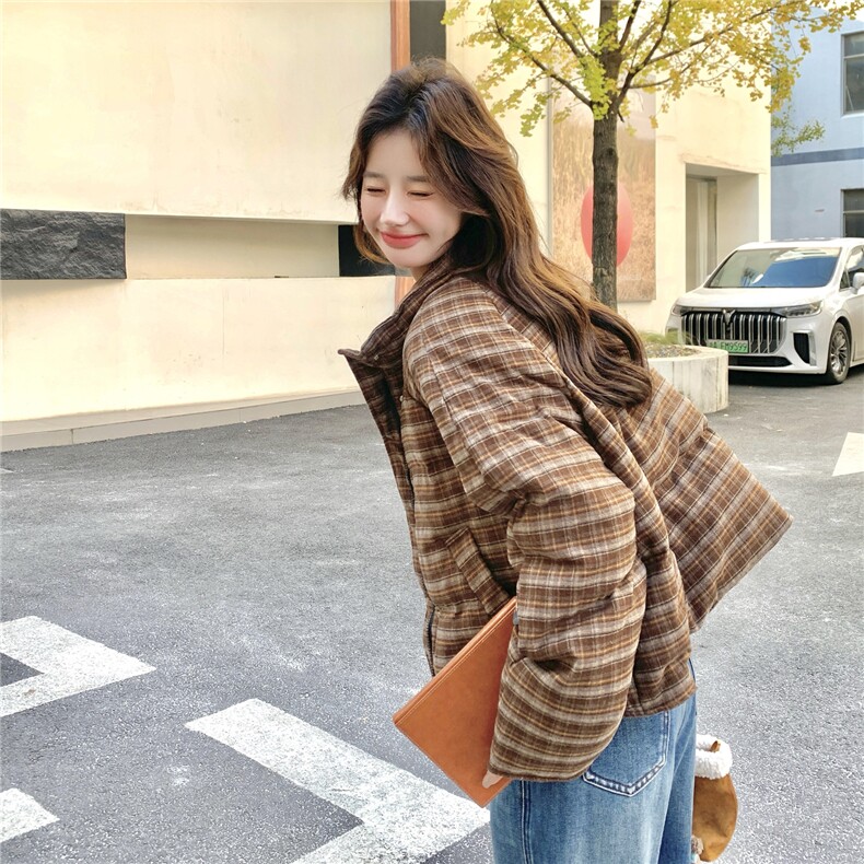韩系巨好看格子羽绒服女2025冬季新款加厚立领休闲小个子面包服,女装羽绒服,2D014