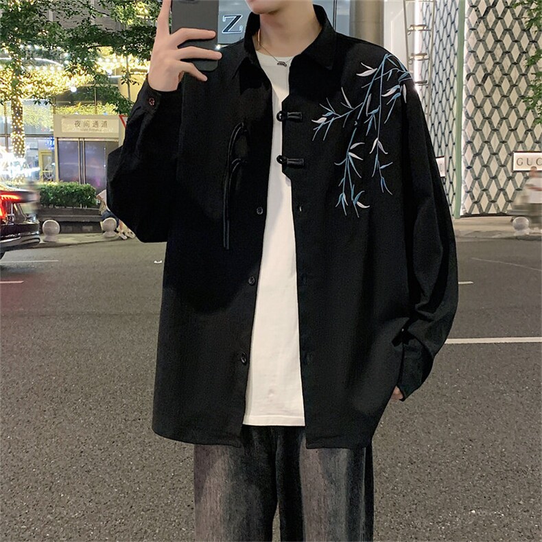 春季新款风长袖衬衣男新中式竹子刺绣衬衫CY6277-P48图片