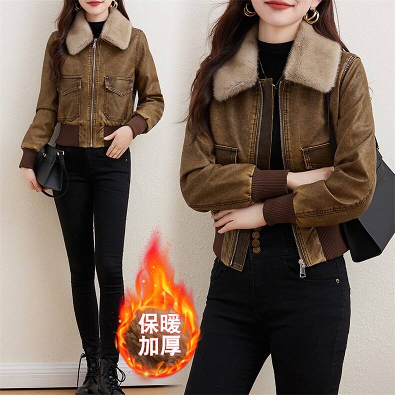 复古磨砂加绒皮衣女2023冬装新款小个子短款潮流机车服皮夹克外套,女装皮衣,江南女神