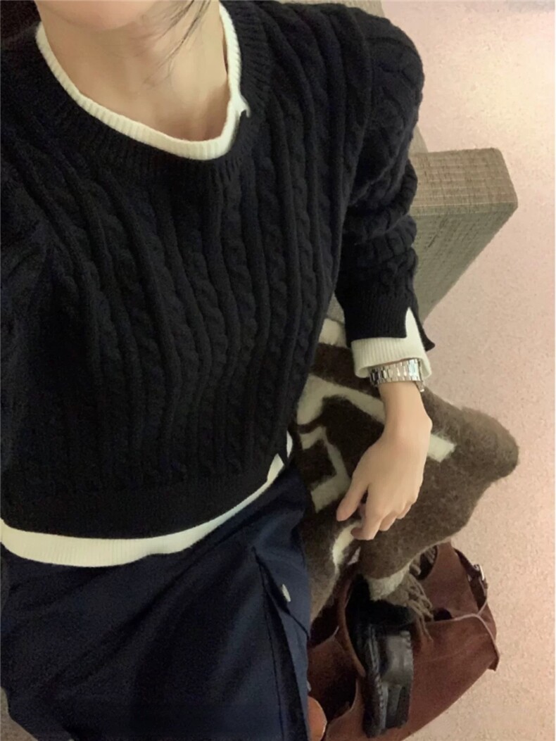 时尚百搭假两件麻花圆领仿羊毛针织衫显瘦修身长袖毛衣女秋冬新款,针织衫/毛衣,雪真羊绒
