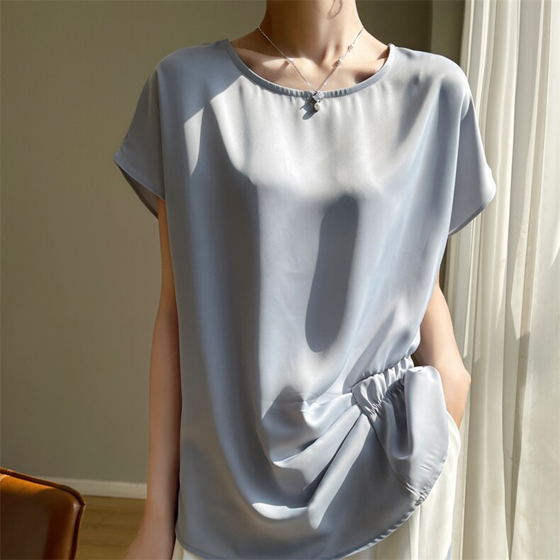 醋酸砍袖上衣夏季2025新款时髦时尚洋气女装一字领收腰短款体T恤，女装衬衫，素语电商供货