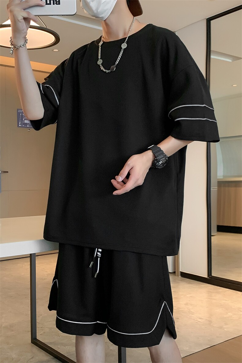 DXYK6-P55港风华夫格反光条纹短袖两件套套装T恤五分裤短裤男,男装休闲套装,星座1204-3