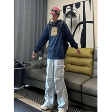 藏青色刺绣圆领卫衣男春秋季ootd穿搭高级感美式复古全棉长袖t恤，男装T恤，星座506A