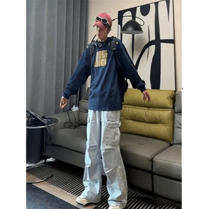 藏青色刺绣圆领卫衣男春秋季ootd穿搭高级感美式复古全棉长袖t恤图片