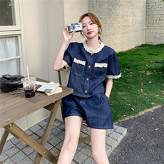 现货2D078-T2011-P145K228蕾丝装饰牛仔上衣+短裤真两件套，女装套装/套裙，2D078