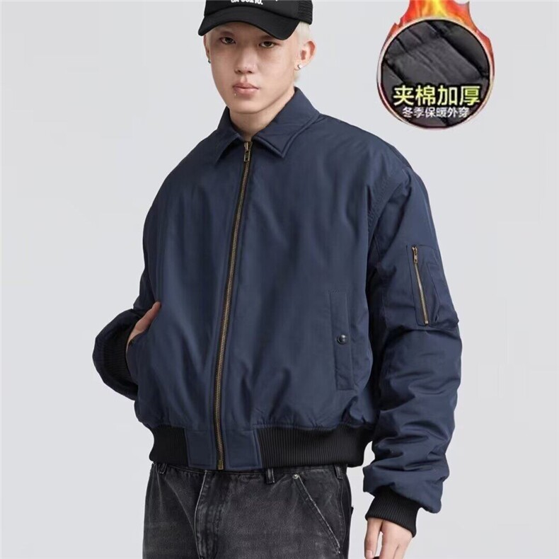 藏青色秋装外套男气质高级感痞帅加棉棒球服棉衣短款飞行教练夹克图片