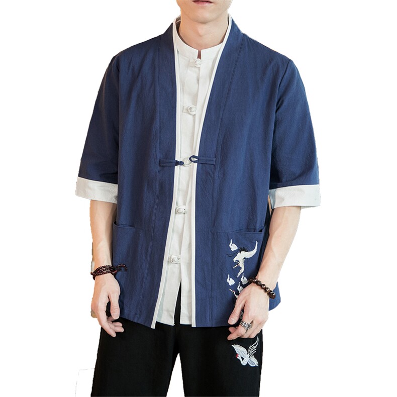 风外套五分袖男唐装盘扣开衫道袍和服宽松夹克茶服M129P50,男装T恤,钱塘788(原4013)