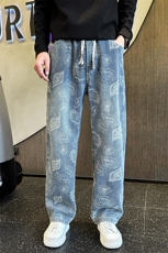 秋冬加绒牛仔裤男士个性树叶印花直筒牛仔弯刀裤潮901N50加绒P68，男装牛仔裤，星座901