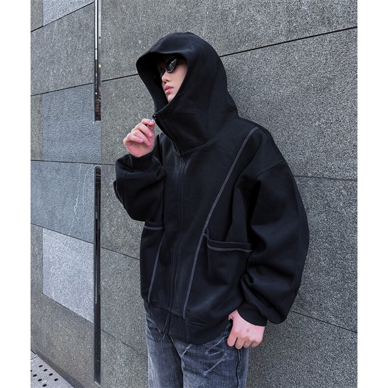 抖音得物高品质秋冬美式高街重磅结构辑明线纹理连帽卫衣外套W111,男装卫衣,电商A486
