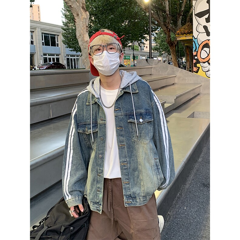 秋季港风情侣条纹连帽夹克外套男帽子可拆卸JK3903-P88图片