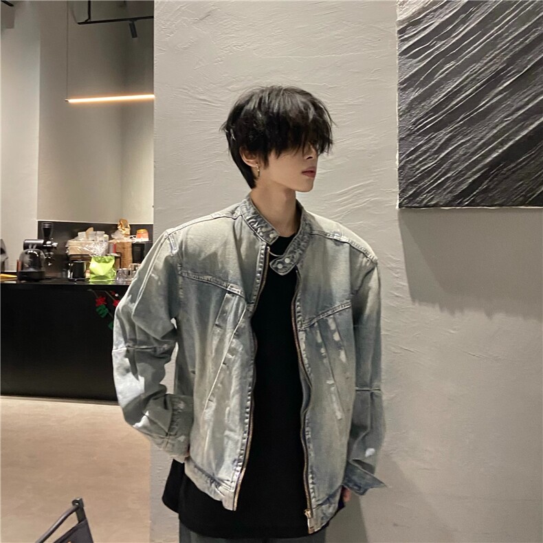 春秋牛仔外套男圆领休闲潮牌水洗痞帅日系复古青少年夹克,男装工装外套,星座506A