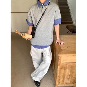 得物抖音高品质二开 夏季美式潮牌高街假两件格子衬衣翻领短袖T恤图片