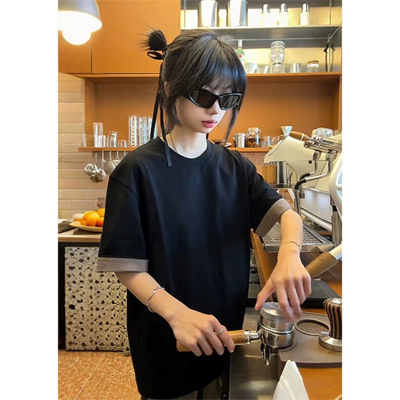 网图有货 夏季千鸟格袖口撞色美式复古短袖宽松T恤男女 A650-P35图片