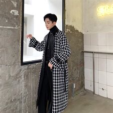 小香风黑白粗花编织呢大衣时尚拼接PU皮中长大衣A452--1971，男装毛呢大衣，电商A452