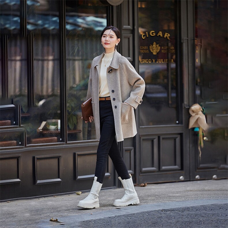 2024秋冬新款韩版宽松显瘦女翻领短装妮子，女装双面呢大衣，怡欣双面呢工厂店