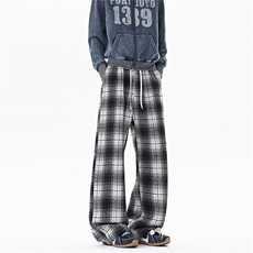羊毛格子裤复古大码加厚毛呢休闲长裤直筒阔腿裤LK509特P45加绒55，男装卫衣，电商B215