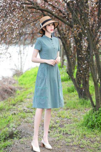 现货，文艺范，棉麻连衣裙，女装连衣裙，金典明美