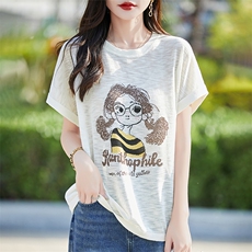 夏季新款圆领眼镜女孩印花小飞袖短袖女宽松百搭背心T恤上衣休闲，女装T恤，暖烁羊绒