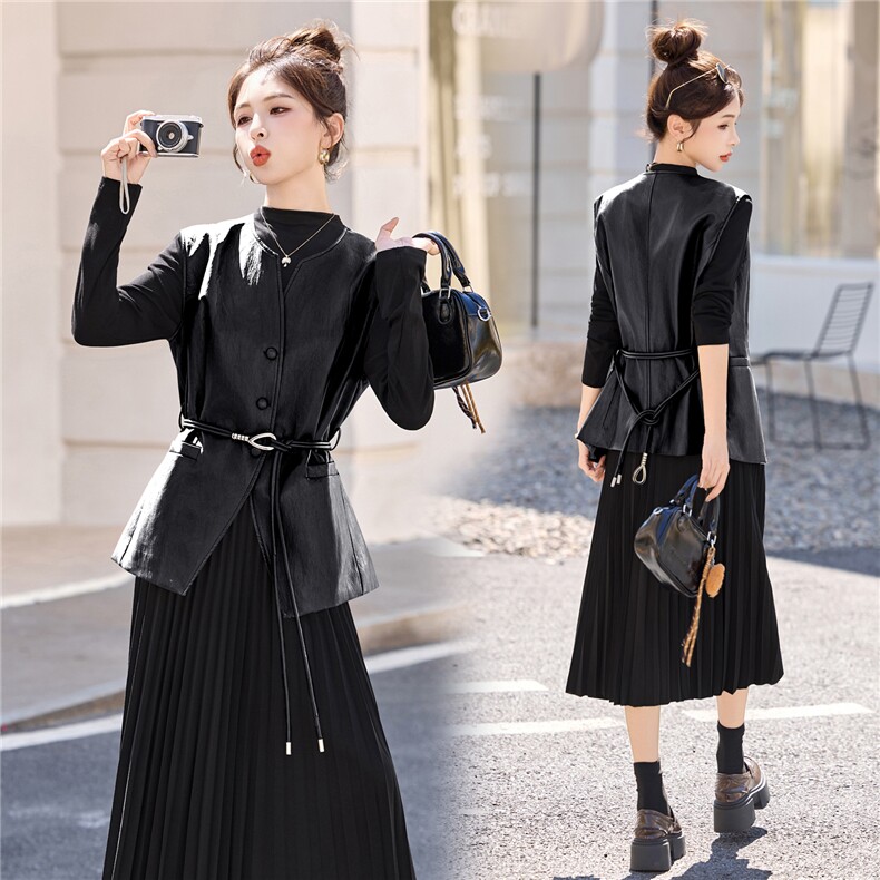 黑色长袖连衣裙2025秋新款独特漂亮超好看气质御姐马甲穿搭套装裙，女装套装/套裙，意芙