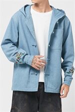 20秋冬大码风牛仔连帽夹克外套情侣盘扣唐装刺绣J/，男装夹克，钱塘713