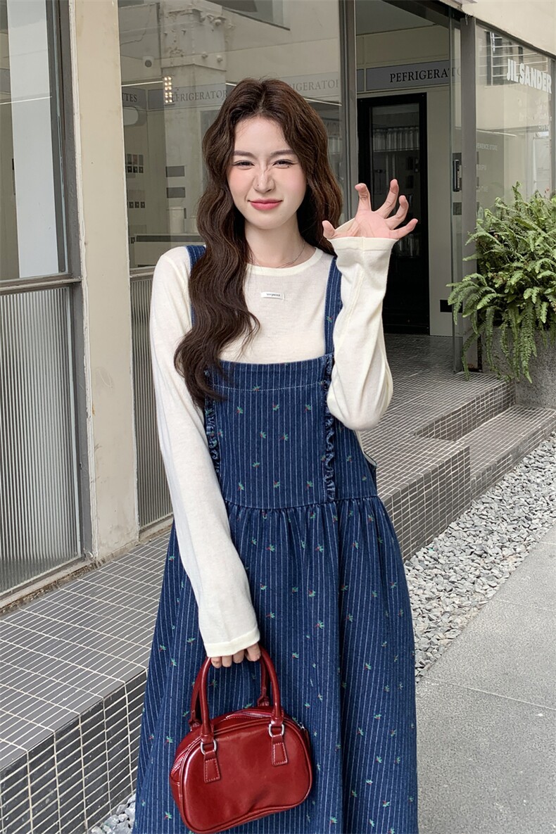 休闲T恤碎花牛仔背带连衣裙套装女春秋季2025新款学院风减龄裙子,女装套装/套裙,2C057