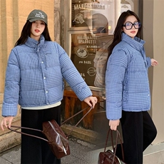 蓝色格纹复古立领棉服女冬季短款设计感可拆卸马甲保暖外套，男装棉衣，星座1210-1
