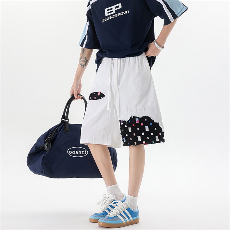 8XL-M特大码夏季新款五分裤vibe破洞拼接高街格子短裤DK1517P57，男装休闲裤，电商D206-1