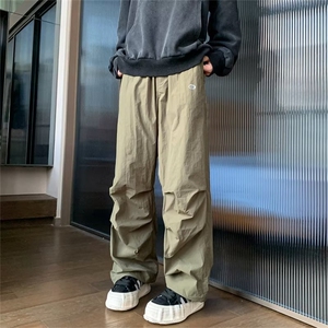 欧美高街红色侧条纹裤子男秋季速干工装伞兵裤直筒阔腿休闲裤图片