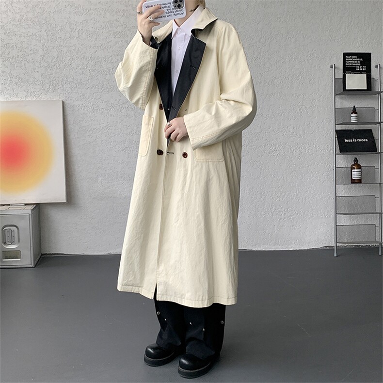 复古黑白正反两穿长款皮风衣男秋季通勤高级宽松外套FY1802P158,男装风衣,电商D206-1