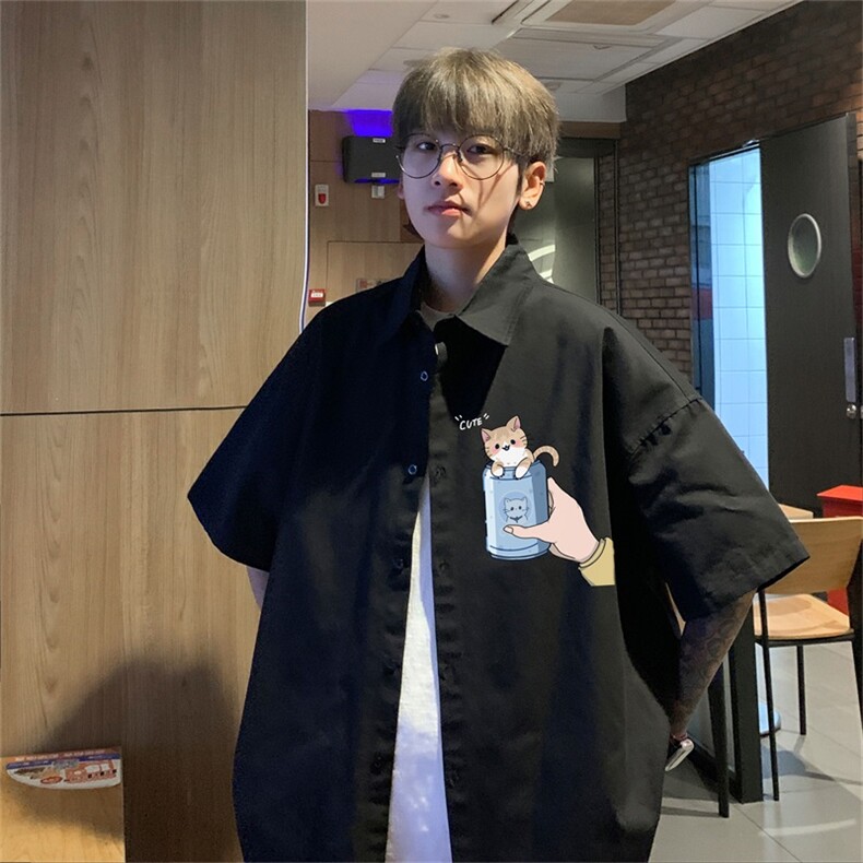 电商DSA028-DX23L152100聚酯特P25新款港风潮流印花短袖衬衫男,男装T恤,电商A028