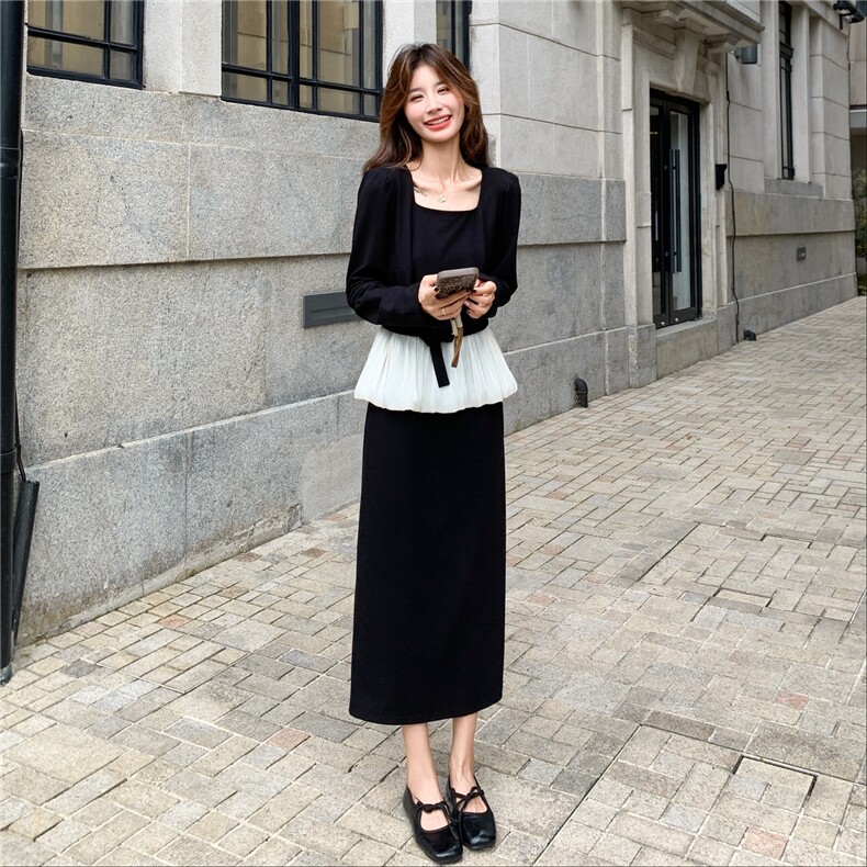 赫本风黑色连衣裙女春秋2025新款超火好看高级小众拼接掐腰长裙子,女装连衣裙,2C166
