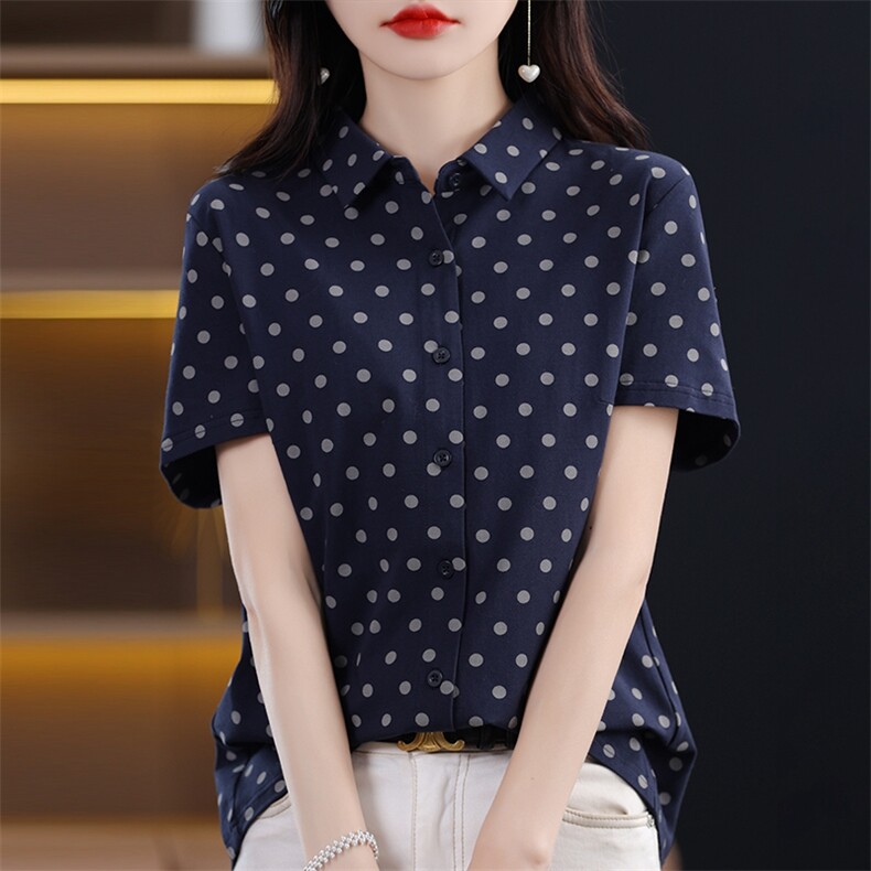 新款女士优雅波点纯棉短袖衬衫，女装衬衫，臻维羊绒