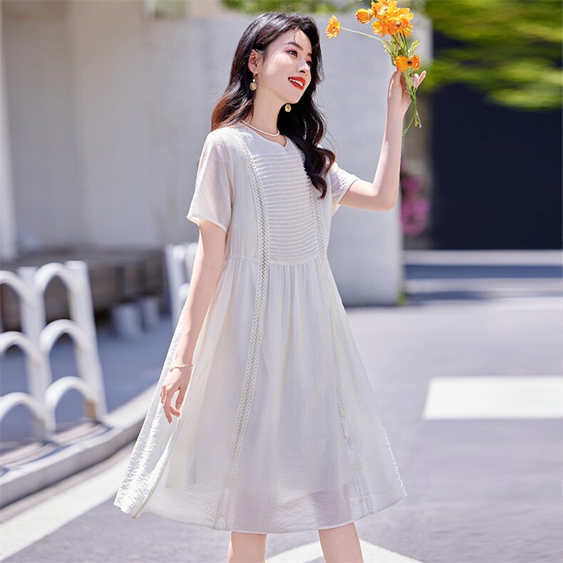 现货！2024夏装新款拼花边纯色连衣裙,女装连衣裙,梦芯尔
