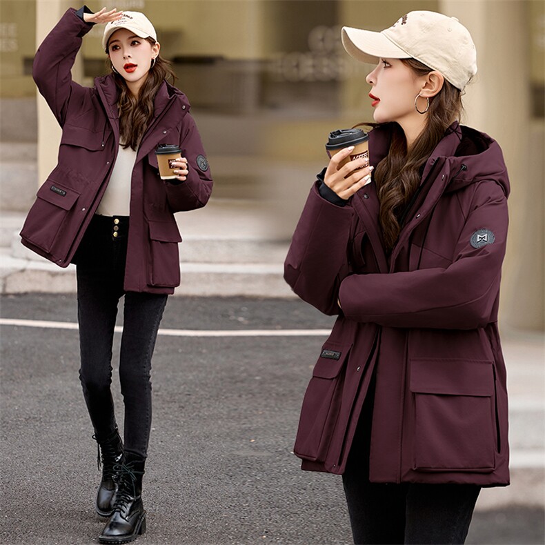 连帽休闲工装风羽绒服女2024冬新款收腰显瘦白鸭绒保暖冲锋衣外套,女装羽绒服,关键词