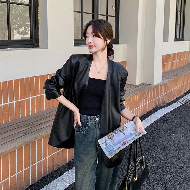 高级感美式慵懒chic黑色皮衣外套女春秋超火好看炸街短款夹克上衣图片