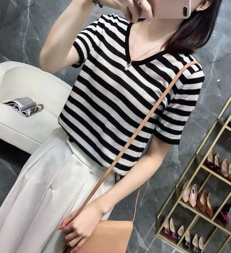 条纹纯棉针织短袖t恤女2025夏季新款v领宽松时尚棉麻上衣冰丝半袖,女装T恤,忠诺羊绒