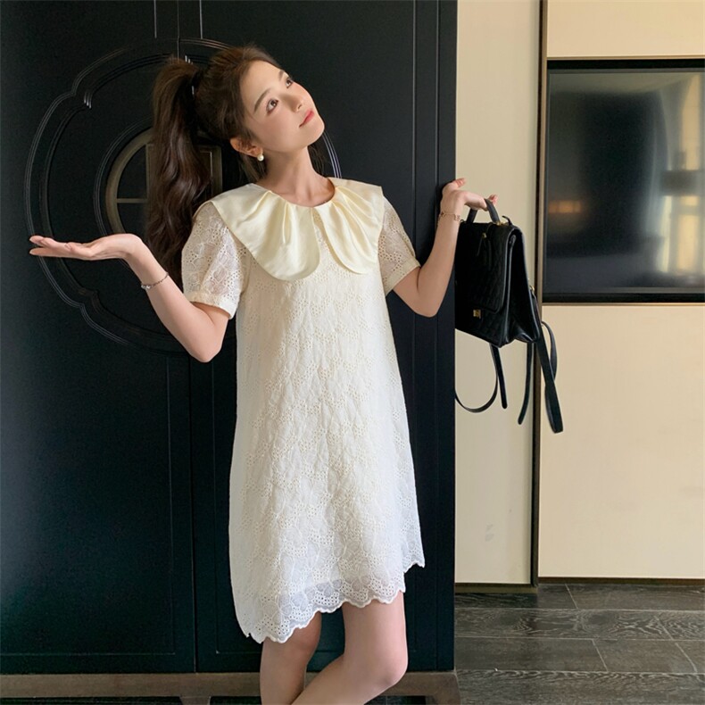 温柔风娃娃领小白裙女夏季新款蕾丝刺绣初恋甜美减龄小个子连衣裙,女装连衣裙,帛香坊