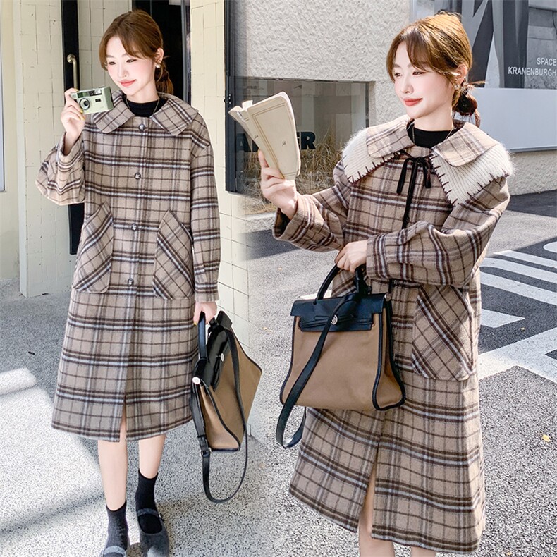韩系俏皮娃娃领格纹毛呢大衣女2025年秋冬季新款显瘦长款呢子外套,女装毛呢外套,纯色衣恋