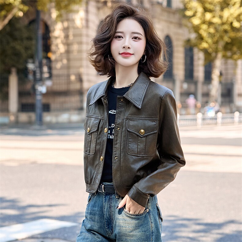 水洗皮衣外套女2025春秋新款复古小个子美拉德修身机车风夹克上衣,女装皮衣,臻衣坊