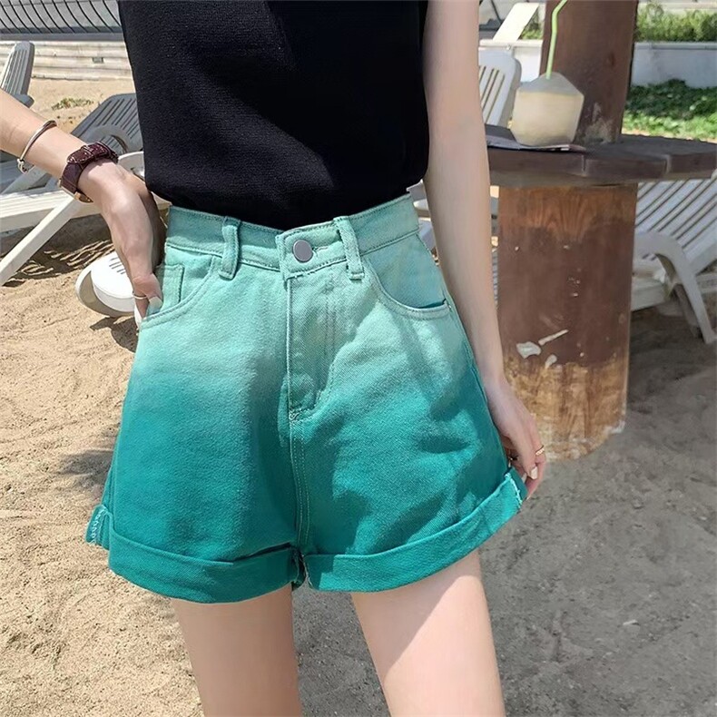 渐变磨白牛仔短裤女夏季宽松休闲百搭高腰a字卷边阔腿热裤,男装牛仔裤,星座1210-1