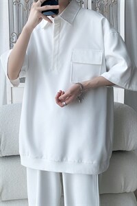 T6069/P35夏季简约短袖衬衫男设计感小众工装衬衣polo衫宽松T恤男图片
