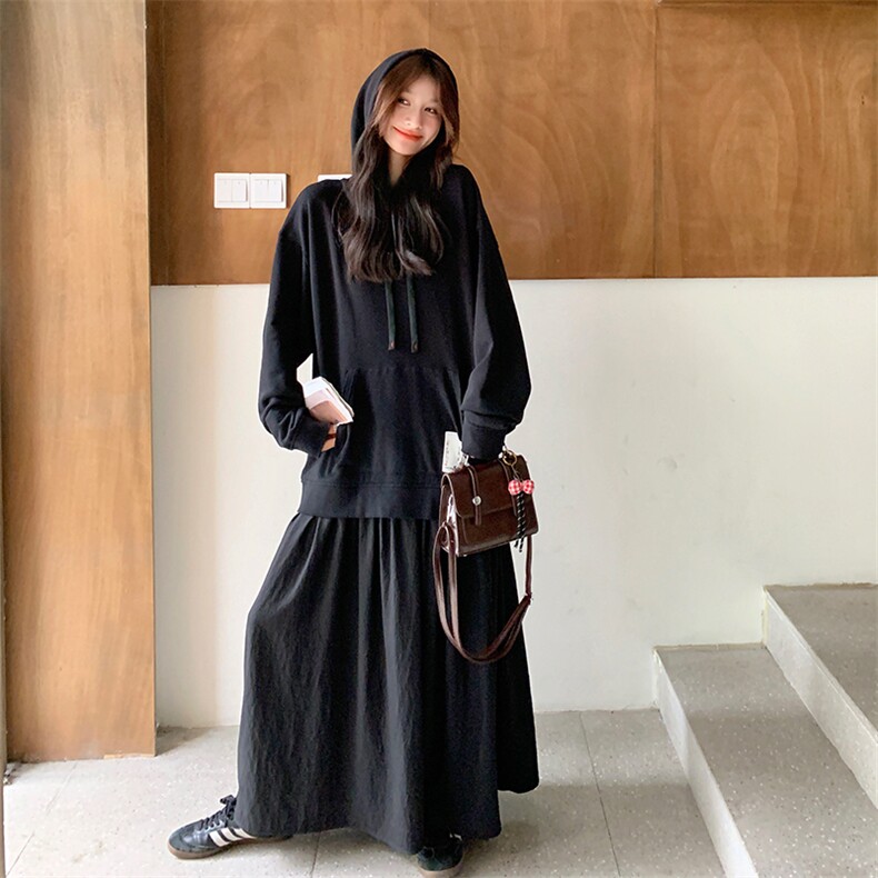 慵懒风连帽假两件卫衣连衣裙女2025春秋季新款宽松巨显瘦减龄长裙图片