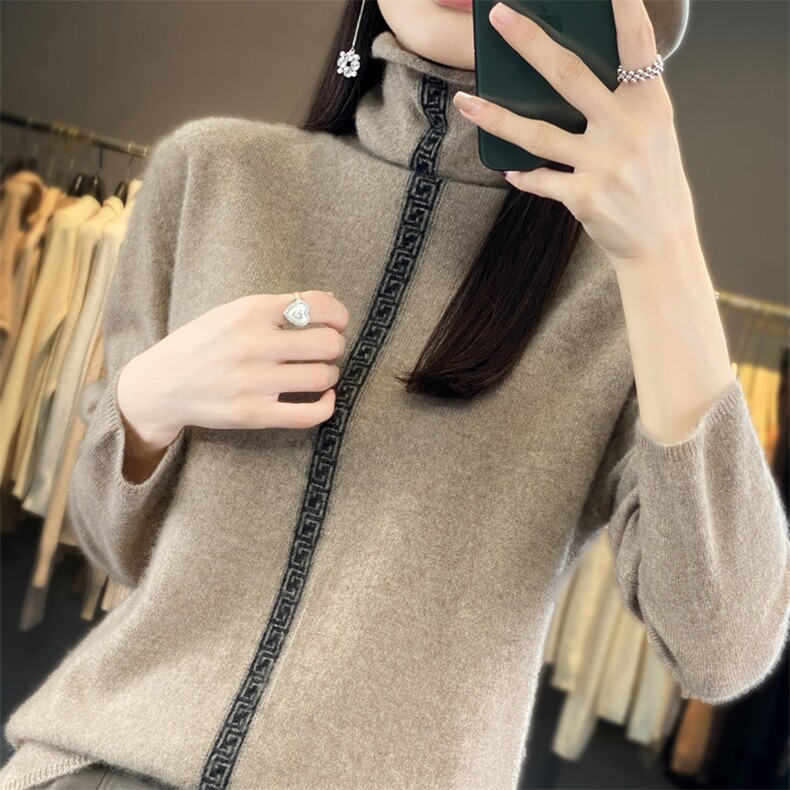 羊毛衫女秋冬新款堆堆高领宽松拼色针织内搭毛衣打底衫,女装羊毛衫,琳华羊绒