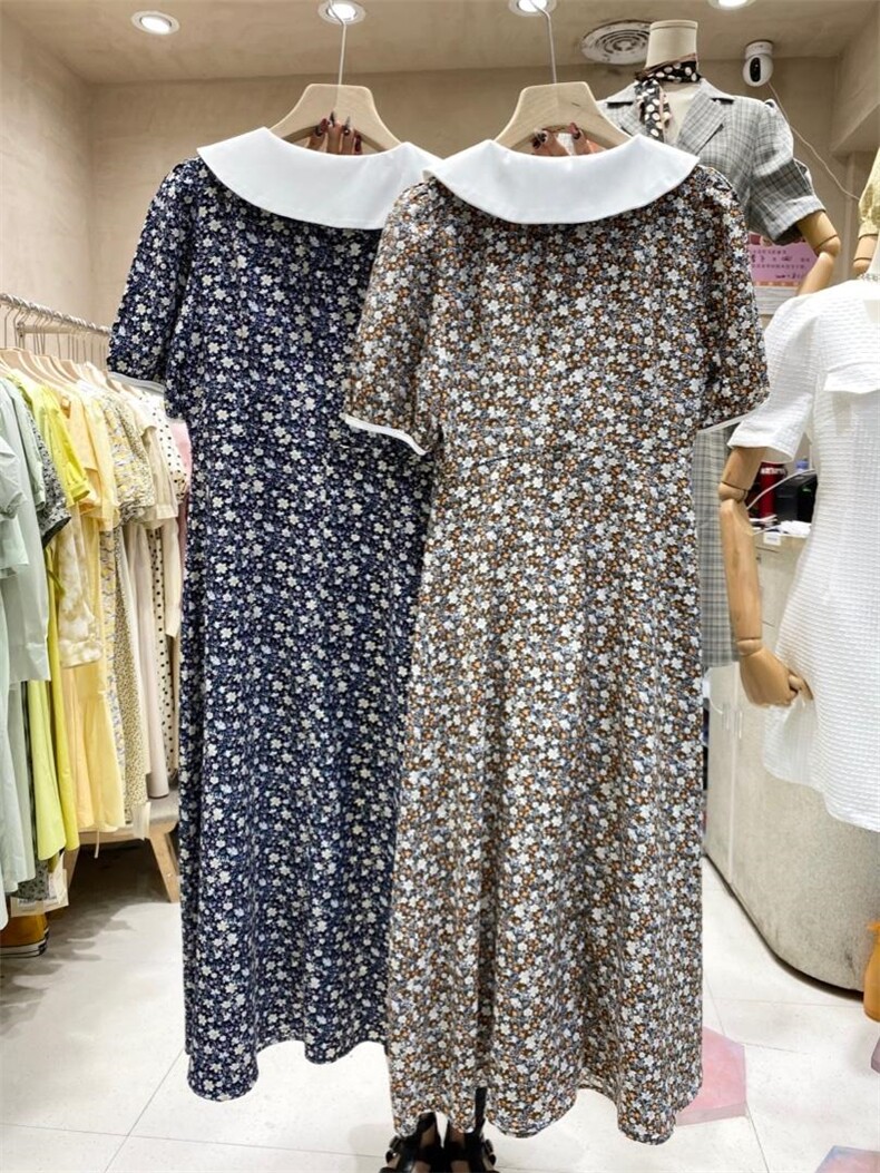 现货娃娃领木耳边碎花雪纺连衣裙，女装连衣裙，FUXINXIN 福歆歆