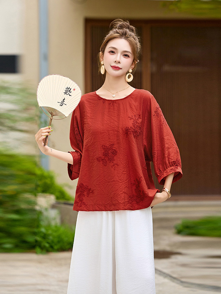 休闲复古棉麻套装女2025夏新款时尚刺绣宽松显瘦上衣阔腿裤两件套,女装套装/套裙,魅影