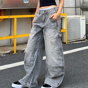 美式高街复古拼接直筒工装牛仔裤男宽松2025新款水洗痞帅伐木裤子图片