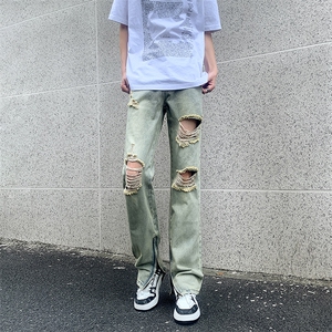 现货 夏季修身vibe美式高街破洞黄泥染拉链牛仔裤男K822-K823-P55图片