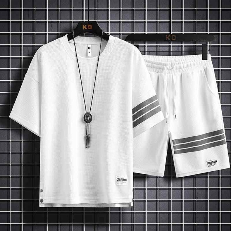 7541-P60夏季华夫格短袖T恤套装男图片